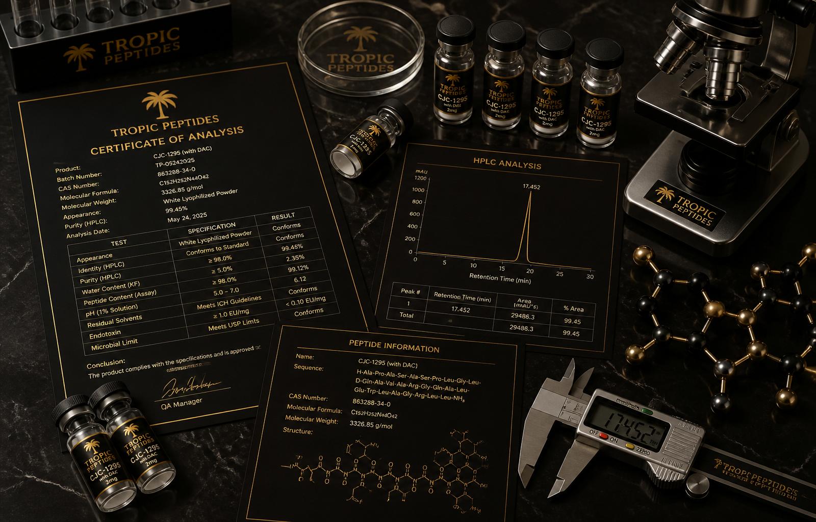 Tropic Peptides certificate of analysis, HPLC chart, vials and laboratory tools on black marble